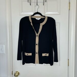 Exclusively Misook Black Beige Contrast Trim Knit Cardigan Jacket | L